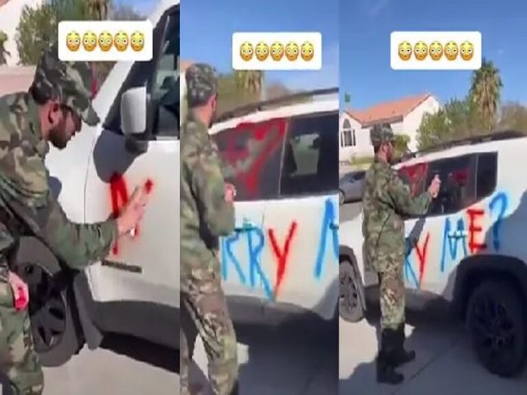 Soldado raya el carro de su novia para pedirle matrimonio