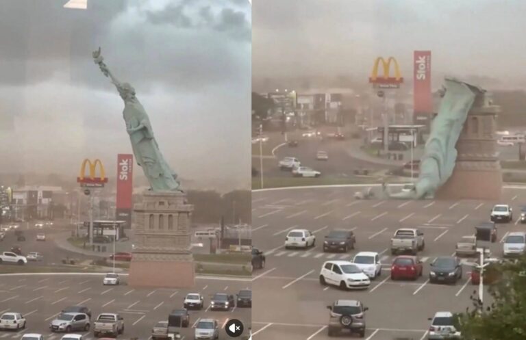 EL VIENTO PUDO CON LA LIBERTAD! FUERTES RÁFAGAS DERRIBAN RÉPLICA DE LA ESTATUA DE LA LIBERTAD EN BRASIL