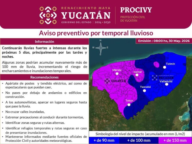 Persistirán lluvias intensas en Yucatán; prevén acumulados superiores a 100 milímetros
